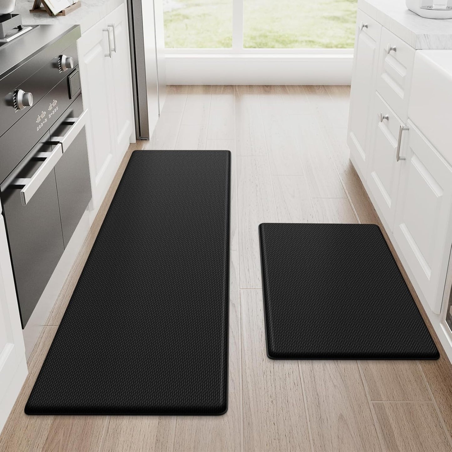StepRite Cushioned Anti-Fatigue Kitchen Mat Set (2-Piece, Black)